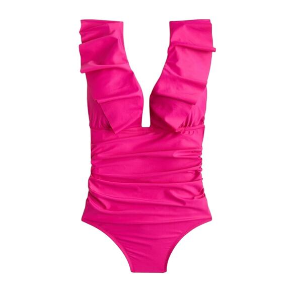 J. Crew Other - NWT J.Crew Bright Pink Ruffle One Piece Swimsuit Size 8 Ruched V-Neck